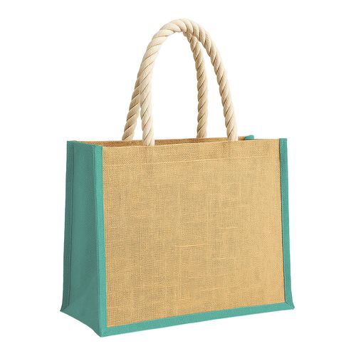 Jute bag with long rope handles and coloured inserts. With gusset