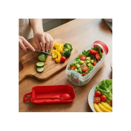 All-in-One Lunch Bowl Container with Sauce Compartment & Spoon-fork
