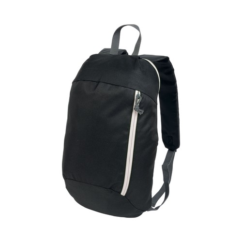 Black 600D polyester backpack with 2 pockets and coloured zips. Padded straps and back