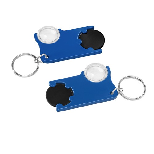 Chiphouder met winkelwagenmuntje 1€ en loep Chiphouder met winkelwagenmuntje 1€ en loep
