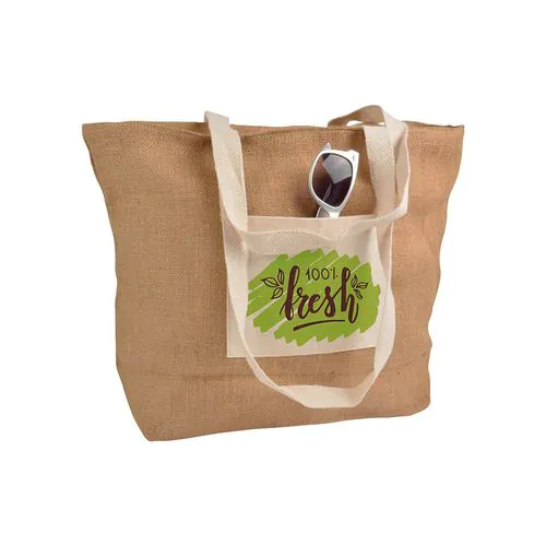 Shopper con soffietto alla base in juta con manici e tasca esterna (18 x 15 cm) in cotone