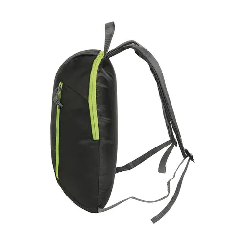 Black 600D polyester backpack with 2 pockets and coloured zips. Padded straps and back Black 600D polyester backpack with 2 pockets and coloured zips. Padded straps and back