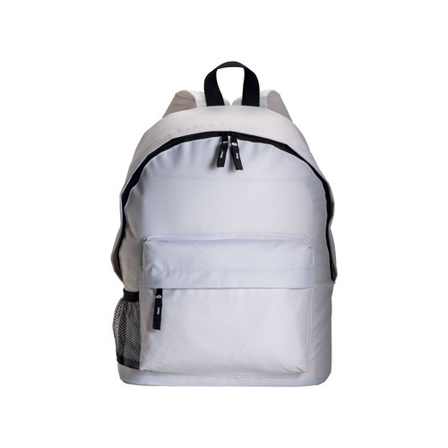 600D polyester 3-pocket backpack (one mesh side pocket). Adjustable shoulder straps