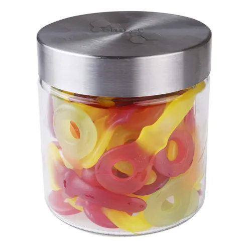 Bocal en verre de 0,9 litre avec embossage, rempli de bonbons Bocal en verre de 0,9 litre avec embossage, rempli de bonbons