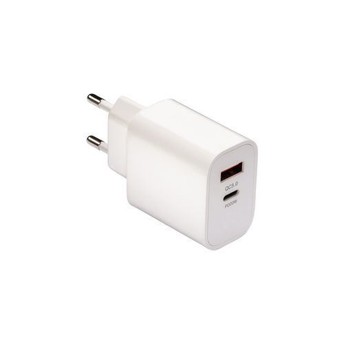 ABS USB wall charger with 1 USB A port and 1 USB-C port. With 2-pin European plug ABS USB wall charger with 1 USB A port and 1 USB-C port. With 2-pin European plug