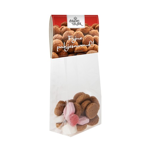 Block bottom bag with header card and 50 grams of sweets Block bottom bag with header card and 50 grams of sweets