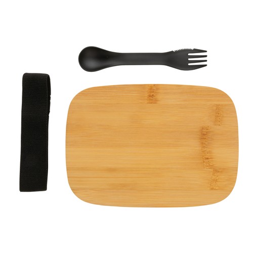 Roestvrijstalen lunchbox met bamboe deksel en spork Roestvrijstalen lunchbox met bamboe deksel en spork