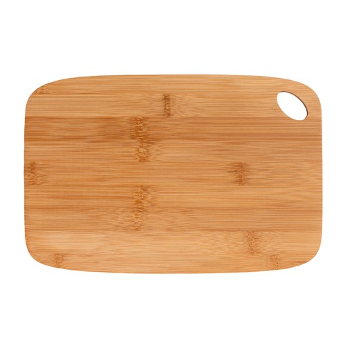 Bamboo kitchen cutting board with rounded corners and hanging hole.