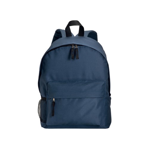 600D polyester 3-pocket backpack (one mesh side pocket). Adjustable shoulder straps