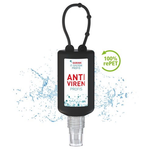 Desinfecterende spray voor de handen, 50 ml Bumber, zwart, Body Label (R-PET) Desinfecterende spray voor de handen, 50 ml Bumber, zwart, Body Label (R-PET)