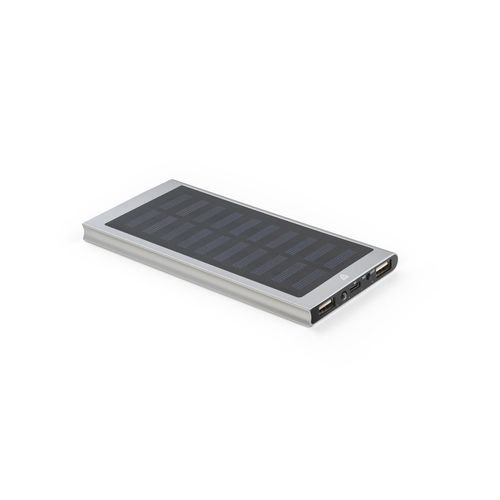 CLERK. 8.000 mAh power bank with solar panel in 100% recycled aluminium