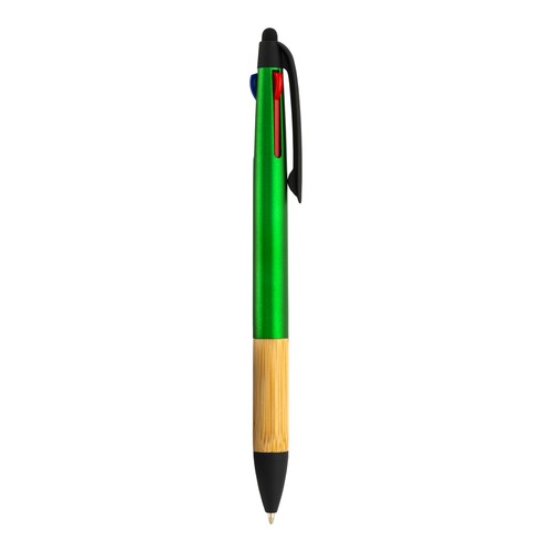 Penna a scatto in plastica con 3 refill, con gommino per touch screen, impugnatura in bamb Penna a scatto in plastica con 3 refill, con gommino per touch screen, impugnatura in bamb