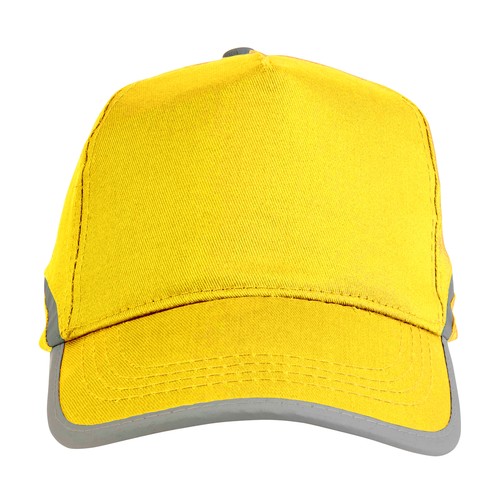 High-visibility, cotton 5-panel cap with reflective strips and adjustable velcro strap High-visibility, cotton 5-panel cap with reflective strips and adjustable velcro strap