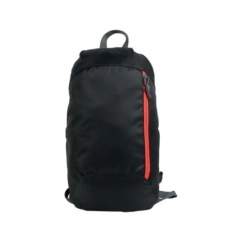 Black 600D polyester backpack with 2 pockets and coloured zips. Padded straps and back