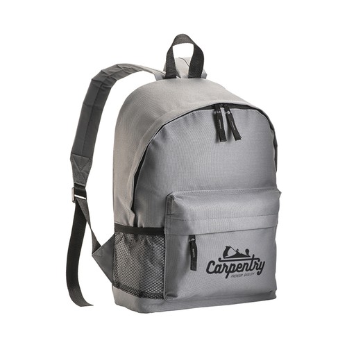 600D polyester 3-pocket backpack (one mesh side pocket). Adjustable shoulder straps