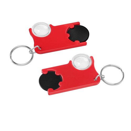 Chiphouder met winkelwagenmuntje 1€ en loep Chiphouder met winkelwagenmuntje 1€ en loep