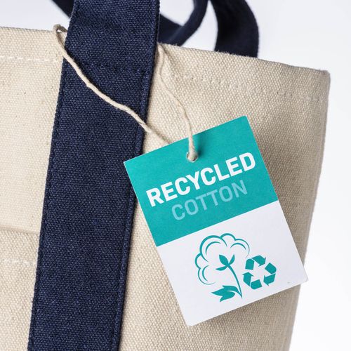 Mini shopper bag made of 340 g/m2 recycled cotton with colorful handles and base. GRS