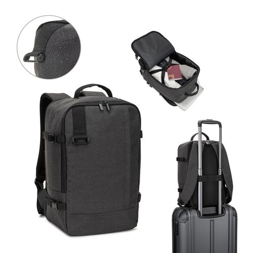 CIES. Backpack developed to fulfil the dimensions required by airlines in high-density 600D recycled polyester CIES. Backpack developed to fulfil the dimensions required by airlines in high-density 600D recycled polyester