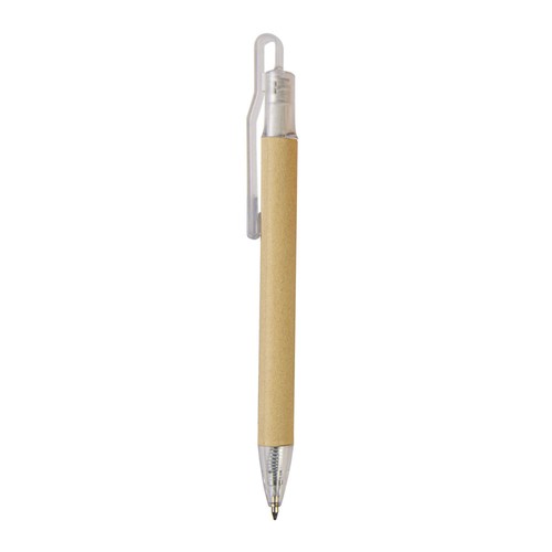 Push button ball pen with recycled carton barrel and plastic fittings