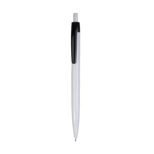 Penna a scatto in plastica, fusto bianco e clip colorata Penna a scatto in plastica, fusto bianco e clip colorata
