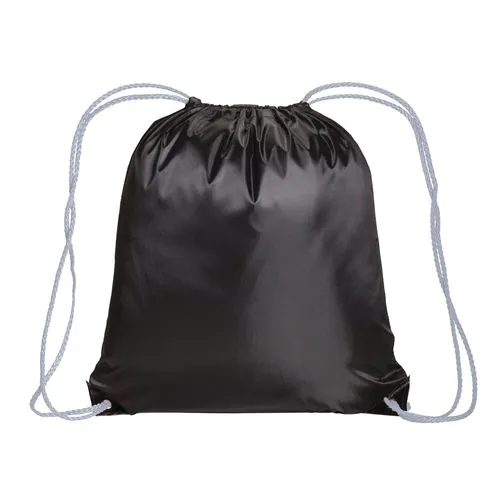 Black 210T polyester backpack with drawstring closure, reinforced black corners