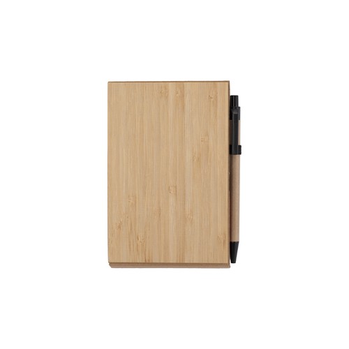 Notepad with bamboo cover (70 sheets), sticky notes, ballpen and phone holder.
