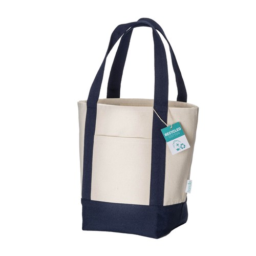 Mini shopper bag made of 340 g/m2 recycled cotton with colorful handles and base. GRS