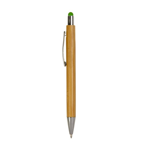 Bamboo barrel push ball pen with colored touch point and chrome tip