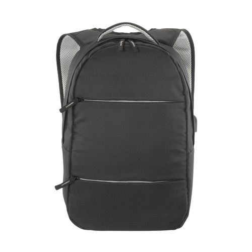 600D polyester PC backpack. Main laptop pocket and 3 front pockets. Breathable material
