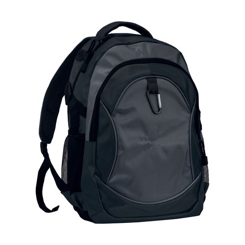 1680D polyester 4-pocket backpack (two mesh side pockets) with snap hook
