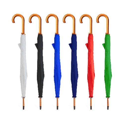Umbrella with curved wooden shaft and grip