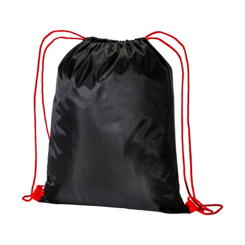 210T black polyester backpack with choke closure and colored cords 210T black polyester backpack with choke closure and colored cords