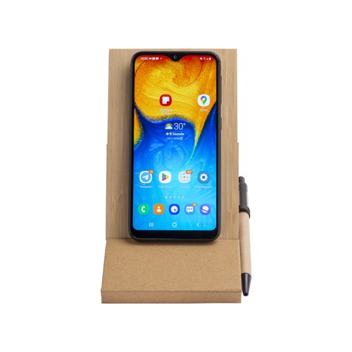Notepad with bamboo cover (70 sheets), sticky notes, ballpen and phone holder.