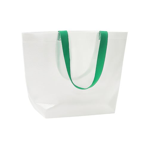 Transparent laminated PP shopper bag 110 g/m2. Long colored polyester handles and gusset