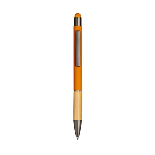 Penna a scatto in alluminio gommato con impugnatura in bambù e gommino touch