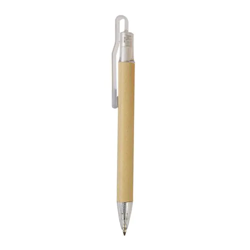 Push button ball pen with recycled carton barrel and plastic fittings Push button ball pen with recycled carton barrel and plastic fittings