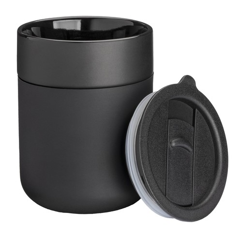 300 ml silicone-coated ceramic mug. Removable PP cap with sliding opening