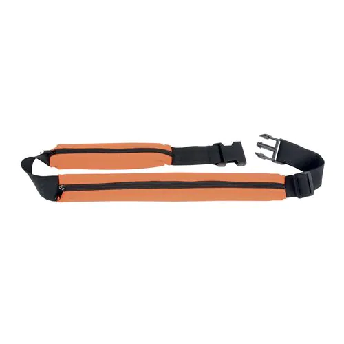 Slim, spandex 2-pocket waist bag with adjustable waist strap and clip closure Slim, spandex 2-pocket waist bag with adjustable waist strap and clip closure