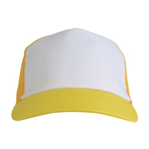 Polyester 5-panel cap with mesh crown and adjustable velcro strap