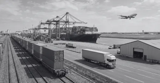 Transportwege: Luft, See und Straße Freigestellte Collage der wichtigsten Logistik-Transportmittel: Frachtflugzeug, LKW und Containerschiff, symbolisch für flexible Werbeartikel Logistik Wege.