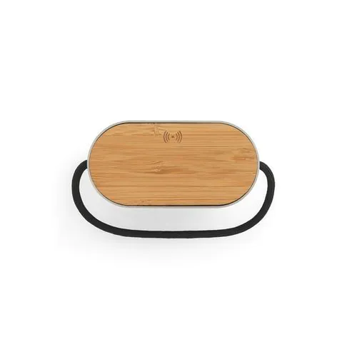 GUETTA. 5W portable speaker with super-fast 15W wireless charger and 2h battery life made of bamboo and recycled PET (100% rPET)