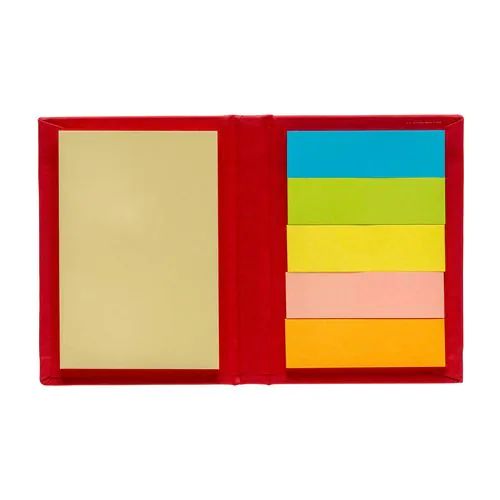 Small cardboard notebook containing sticky notes
