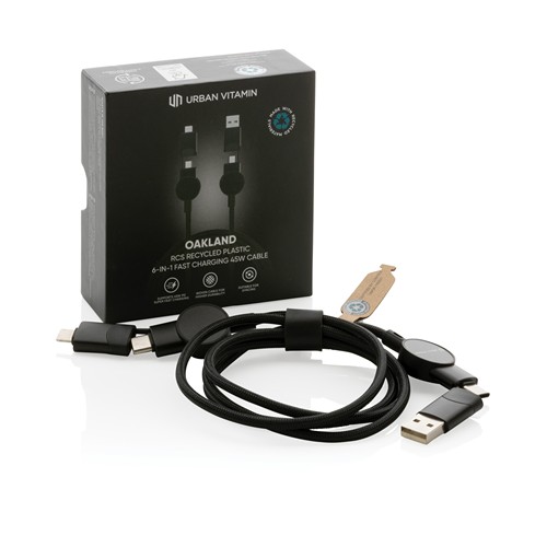Câble Oakland 6-in-1 à charge 45W en plastique recyclé RCS Câble Oakland 6-in-1 à charge 45W en plastique recyclé RCS