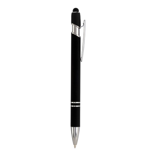 Penna a scatto in alluminio gommato con gommino per touch screen e clip in metallo Penna a scatto in alluminio gommato con gommino per touch screen e clip in metallo