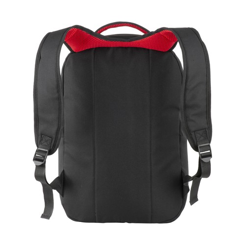600D polyester PC backpack. Main laptop pocket and 3 front pockets. Breathable material