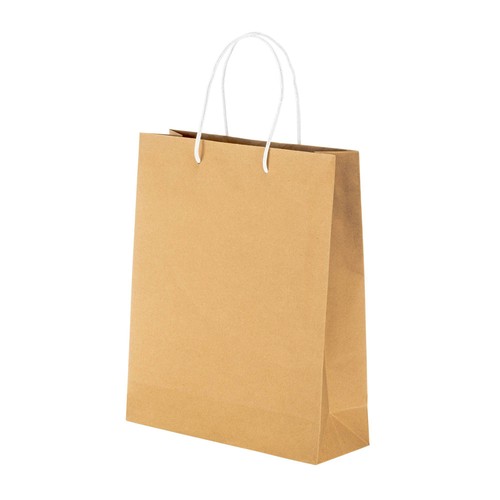 150 g/m2 natural recycled paper bag with gusset and short colored handles 150 g/m2 natural recycled paper bag with gusset and short colored handles
