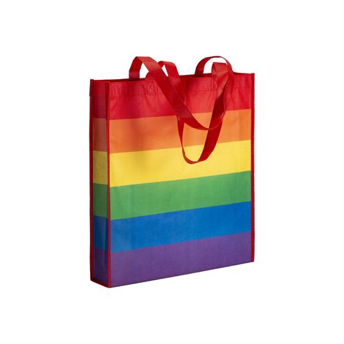 Shopper arcobaleno in r-pet 80g/m2, manici lunghi e soffietto