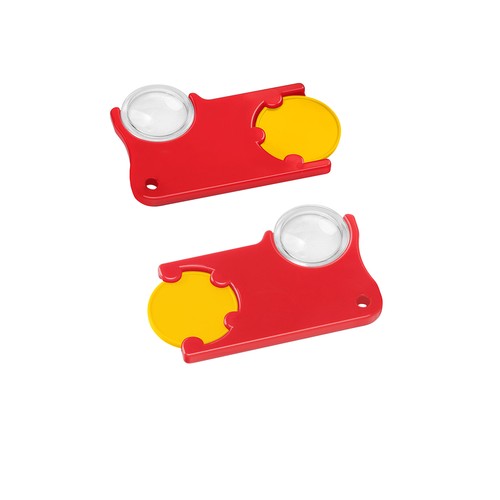 Chiphouder met winkelwagenmuntje 1€ en loep Chiphouder met winkelwagenmuntje 1€ en loep