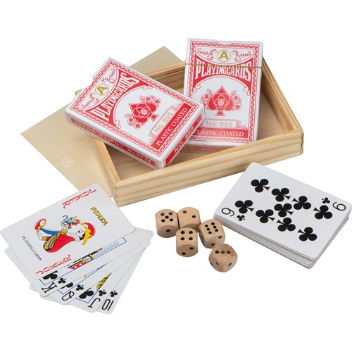 Playing cards in wooden box with dice