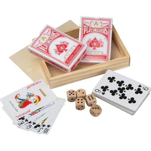Playing cards in wooden box with dice Playing cards in wooden box with dice